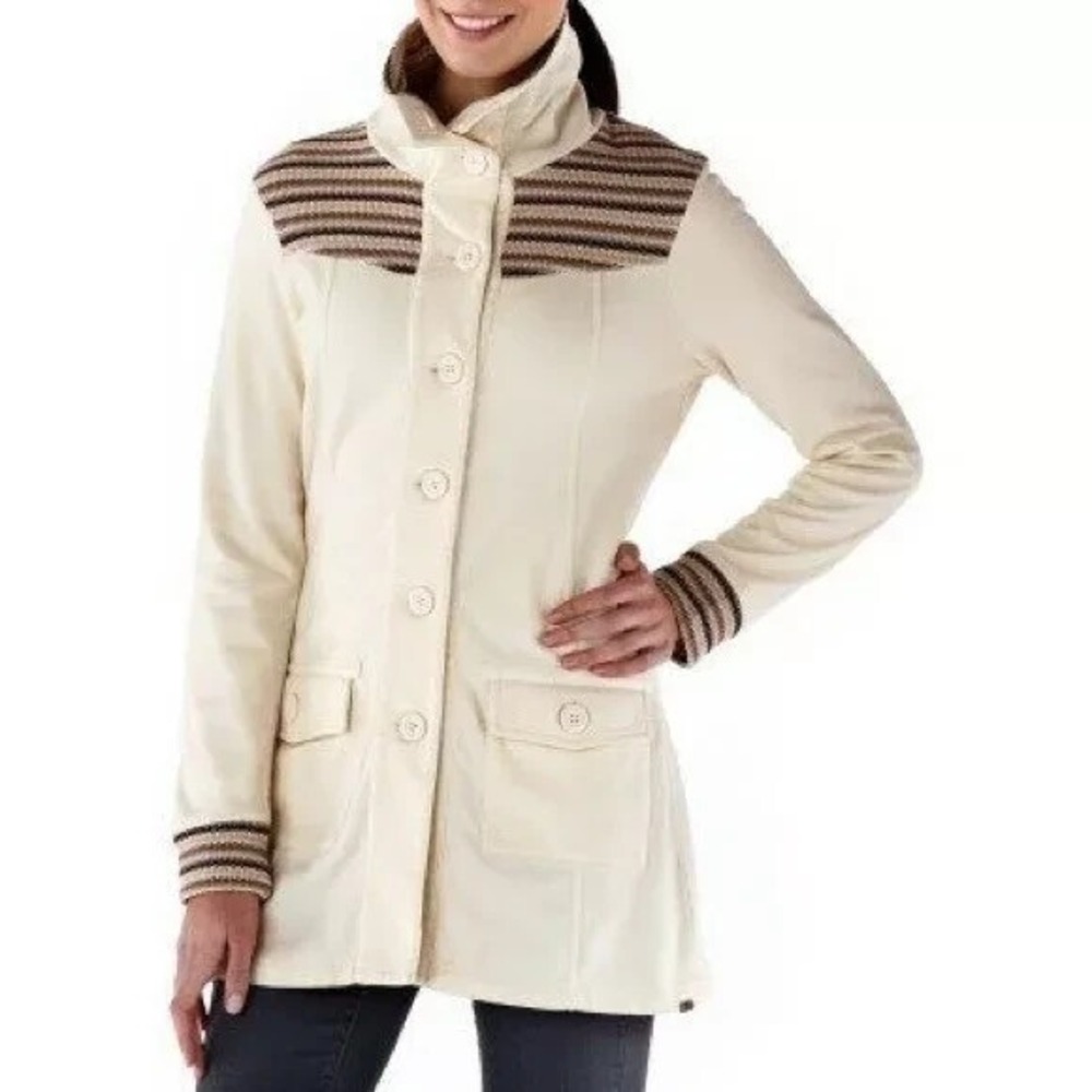 PRANA Women Size M Rowen Knit Button Down Cream Jacket Coat Breathe Fall Outdoor